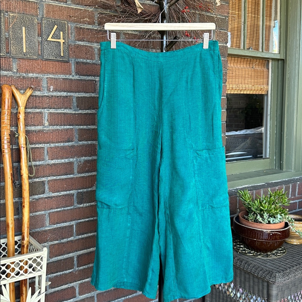 Flax teal green linen Lagenlook 2pc pants tunic/jacket. Size Small - Picture 7 of 13